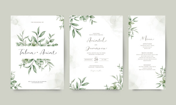 Beautiful wedding invitation card template set with green leaves decoration