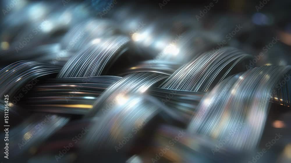 Poster metallic fibers interweaving with intricate precision, radiating luminous reflections and capturing 