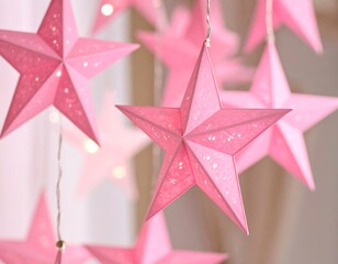 Pink paper stars hanging, soft light