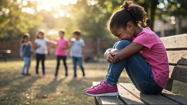 Sad lonely african american girl sitting alone on bench, hugging her knees and crying while feeling excluded, left out or rejected by friends who are playing together out of focus in the background