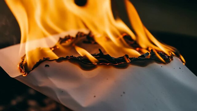 Burning paper with flames in dark background  