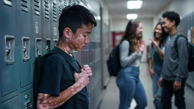 Sad teenage asian boy with vitiligo leaning against school lockers, feeling isolated while group of students laugh at him in corridor, highlighting issues of bullying and discrimination. Static camera
