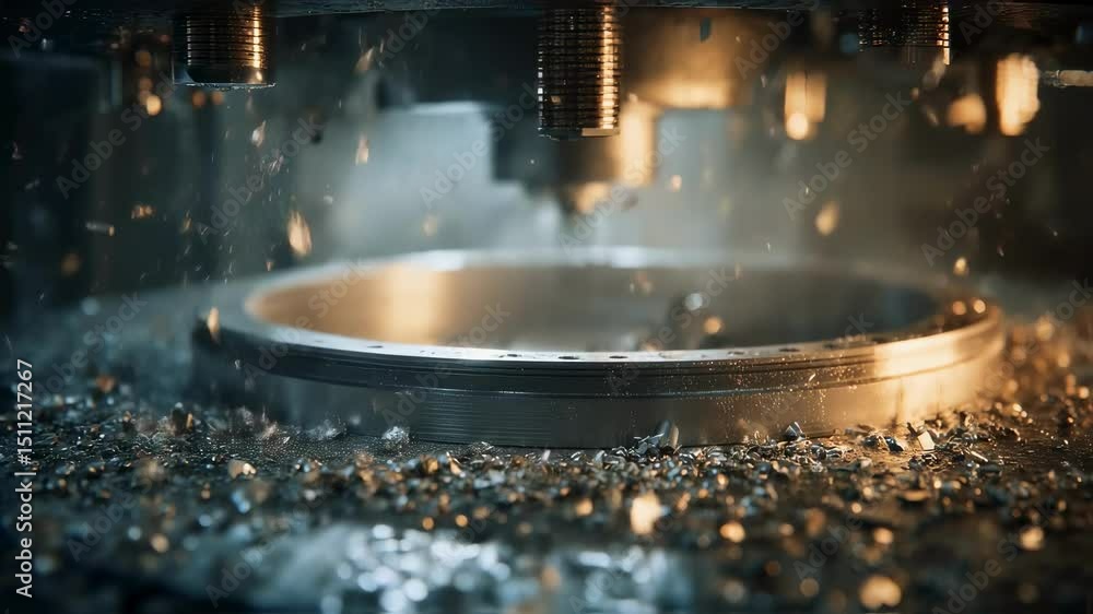 Poster metallic shards and dust particles swirl around a tungsten turbine disk as it's lowered into a cooli