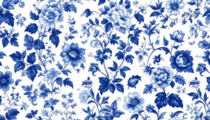 クラシックな青い花柄パターン（トワル・ド・ジュイ風） / Classic Blue Floral Pattern (Toile de Jouy Style)	