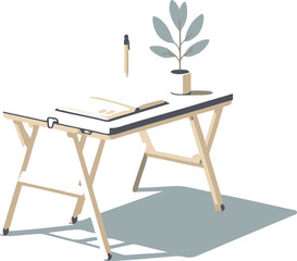 Minimalist Illustration of a Table with Notebook, Pencil, and Plant