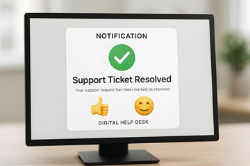 A computer monitor displaying a "Support Ticket Resolved" notification, with a green checkmark and thumbs up, highlighting the success of resolving the support ticket