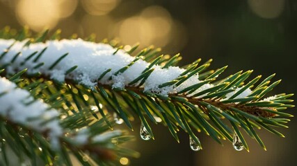 Snow-covered pine branch with water droplets in winter sunlight - Powered by Adobe