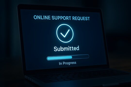 A Laptop screen displaying "Online Support Request Submitted". The screen has a blue interface