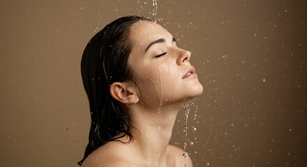 Serene woman enjoying a refreshing shower in a bathroom with neutral background