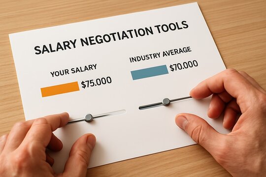 A person's hands adjusting a salary negotiation tool to determine the desired salary. The tool features information on salary and industry average, highlighting key data points.