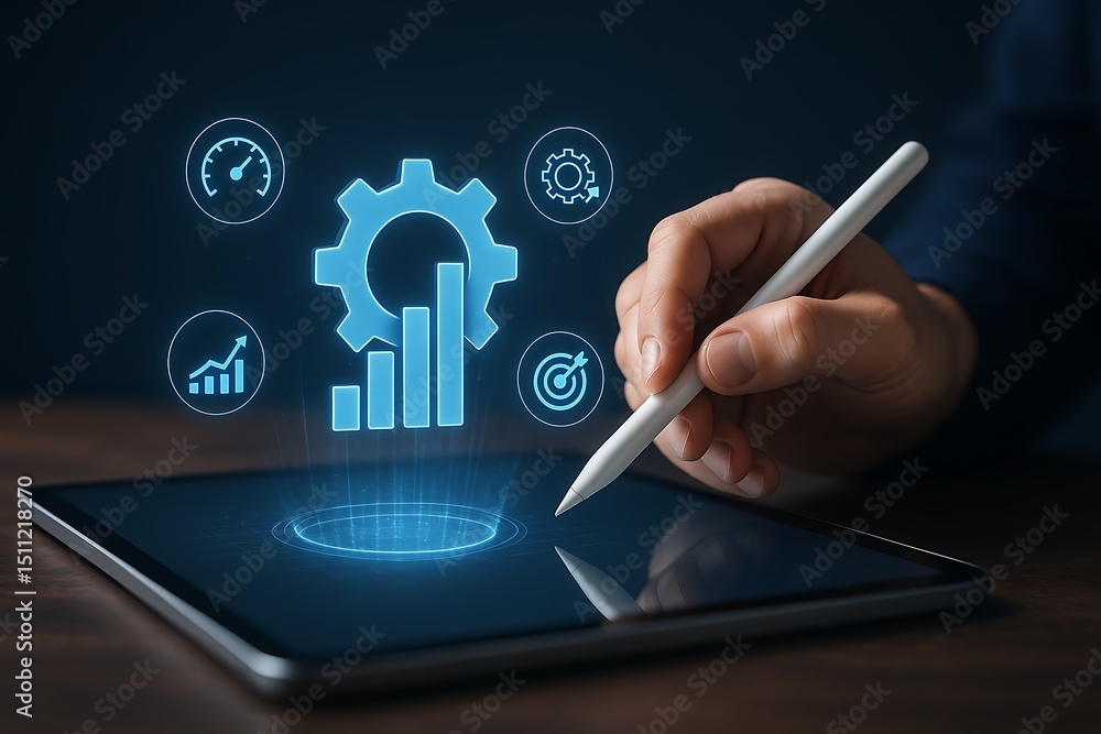 Poster a hand using a stylus on a tablet, surrounded by digital interface elements. the scene suggests effi