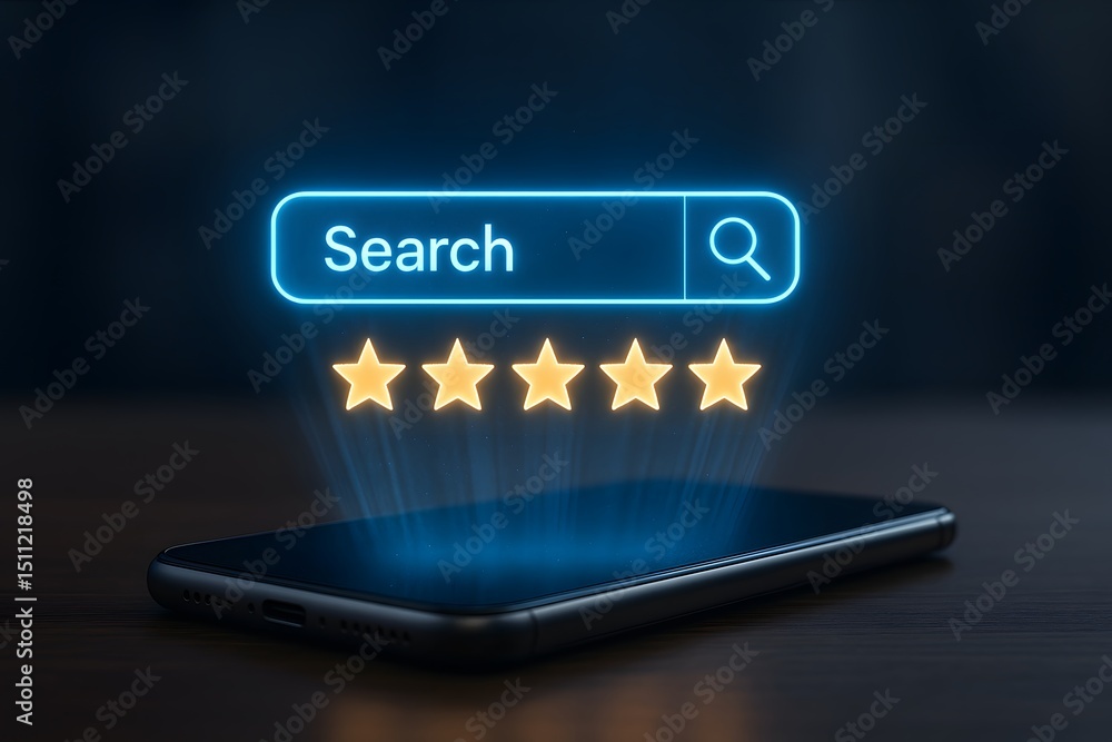 Poster a smartphone displaying a glowing search bar and five-star rating system, representing online review