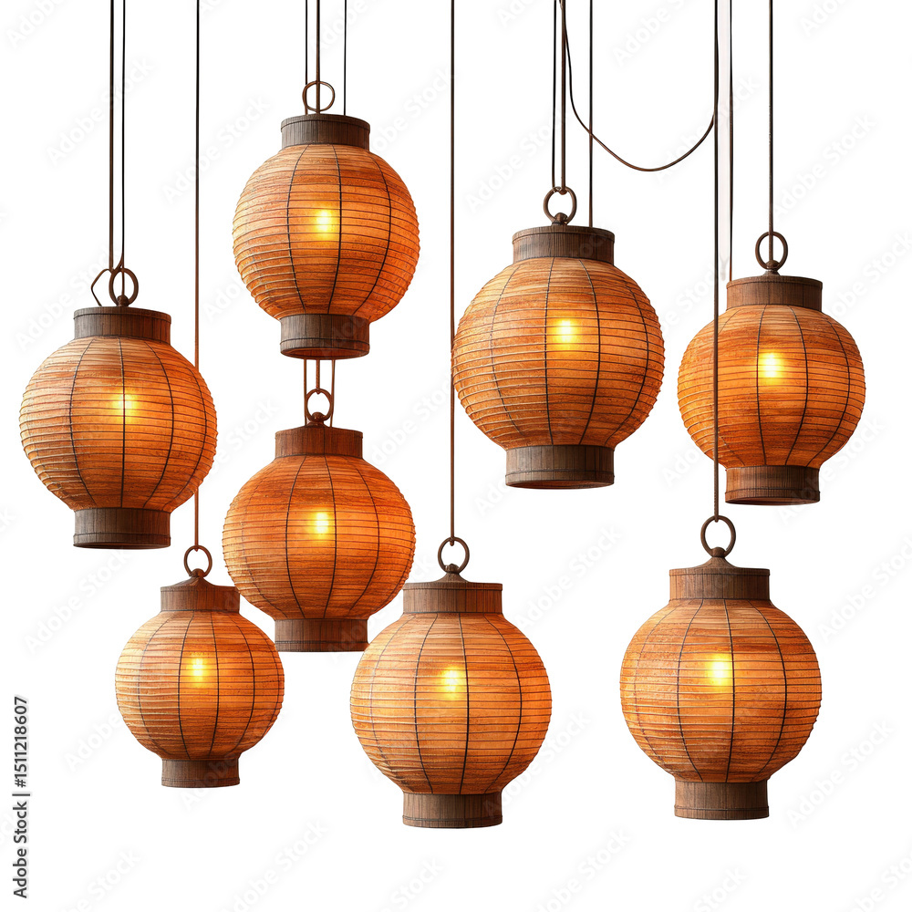 Poster illuminating ambiance: an array of warm spherical paper lanterns in a dark setting