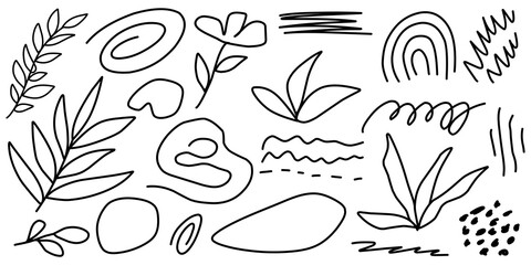 Minimalist abstract nature illustration set, scribble doodle elements line art.