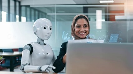 Muslim businesswoman wearing hijab and advanced AI robot assistant analyzing financial charts and graphs with futuristic holographic interface in office, robot pointing at charts. Orbiting camera - Powered by Adobe