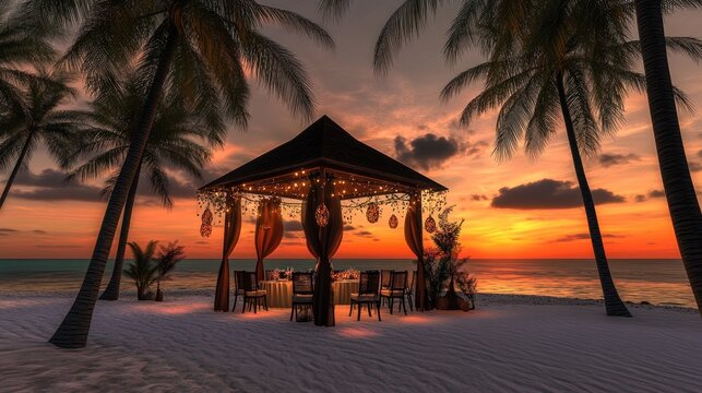 Romantic beachside dinner under a gazebo at sunset.