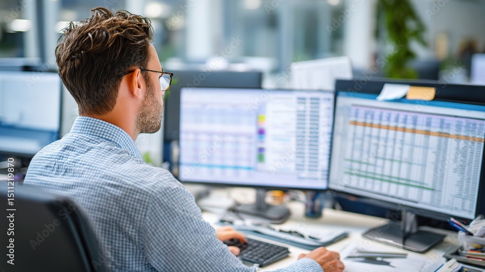 Poster professional finance manager analyzing data on desktop with spreadsheets