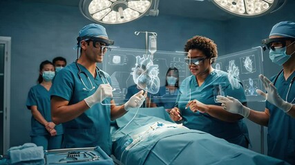 Diverse team of surgeons using augmented reality holographic projection of heart to discuss patient data during surgery with group of young doctors watching. Innovative technology in healthcare - Powered by Adobe