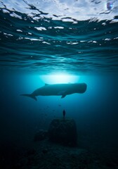Fototapeta premium Realistic Image of Underwater Whale Encounter with a Small Person