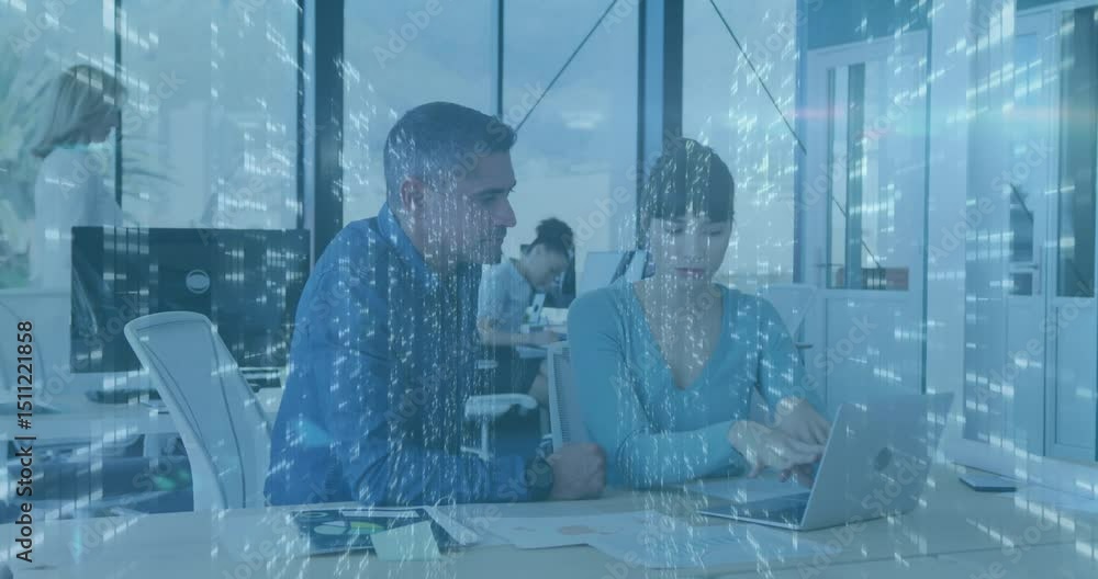 Aufkleber colleagues glancing at laptop during data overlay scrolling and exchanging insights in tech office