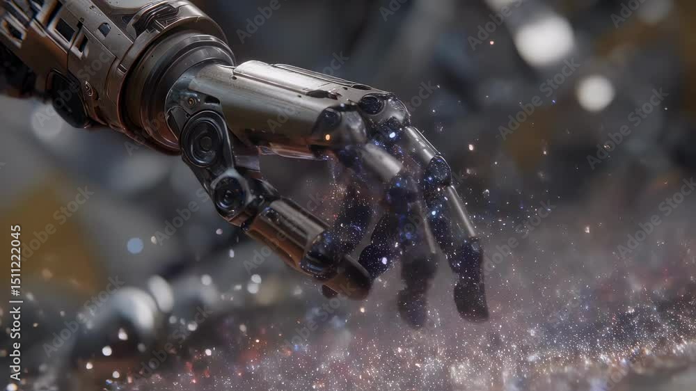 Poster metallic robotic arm gently interacts with a collection of sparkling quantum dots, seemingly sorting