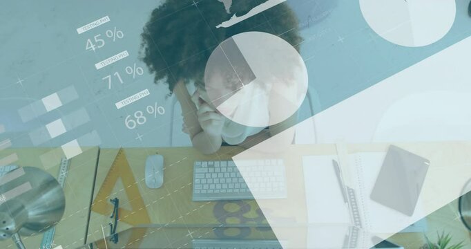 Data analyst typing on keyboard and invoking animated charts and gauges for business review