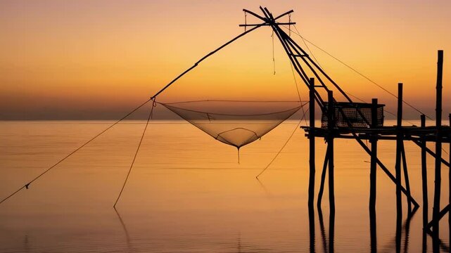Golden hour illuminates fishing structure over tranquil waters. Net hangs ready