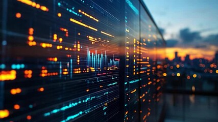 Dynamic digital data screen displays with cityscape background at dusk. Emphasizes data analysis and technological themes with vibrant colors and reflections. - Powered by Adobe