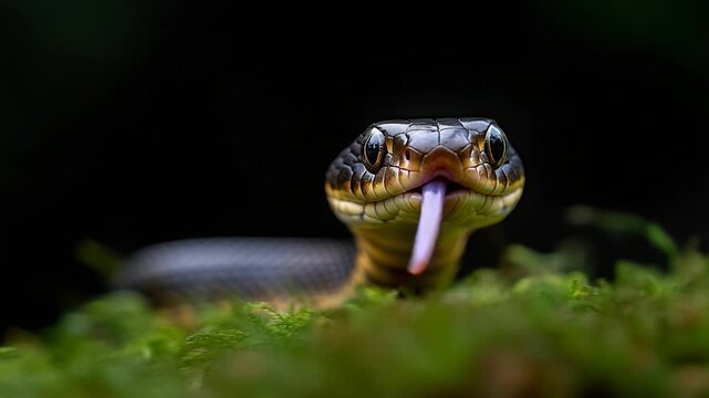 Close-up of a snake with its tongue extended, positioned above vibrant green vegetation against a dark background.
