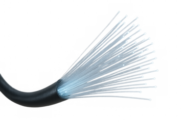 Glowing fiber optic cable strands transmitting digital signals, highlighting high-speed network connectivity against transparent backdrop
