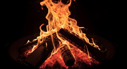 Cozy Campfire Burning Brightly with Glowing Embers, Fireplace Log Fire in the Dark, Peaceful and Relaxing Meditation Vibe