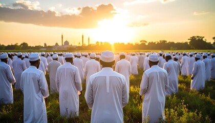 Peaceful dawn prayer scene shows worshippers in white robes in a field during Eid al-Adha holiday.