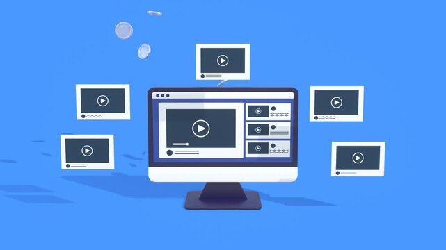 Animation Of A Computer Monitor Displaying Multiple Videos While Coins Fly Upward, Symbolizing Successful Video Monetization And Online Revenue. Suitable For Explainer Videos, Marketing, Presentation.