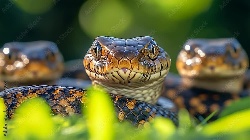 Poster close-up of a snake with detailed scales and focused gaze. two other snakes are blurred in the backg