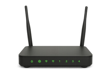 Green-lit wireless router featuring dual antennas, positioned against transparent backdrop for seamless digital integration