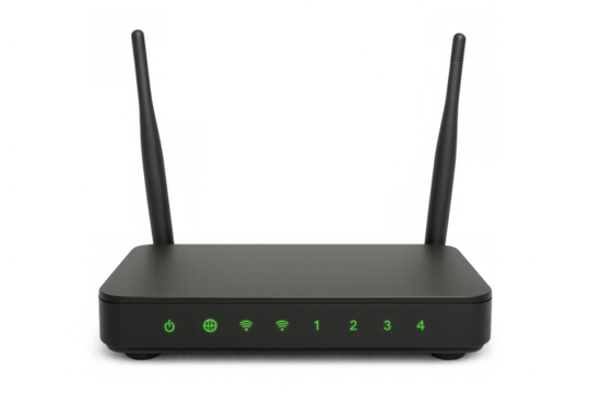 Green-lit wireless router featuring dual antennas, positioned against transparent backdrop for seamless digital integration