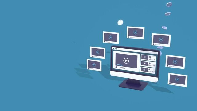 Video Monetization Concepts With Copy Space For Text, An Animated Computer Monitor Displaying Multiple Videos While Coins Fly Upward, Illustrating The Concept Of Earning Revenue From Online Video.