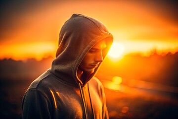 Man silhouetted against vibrant sunset evoking feelings of contemplation and calm