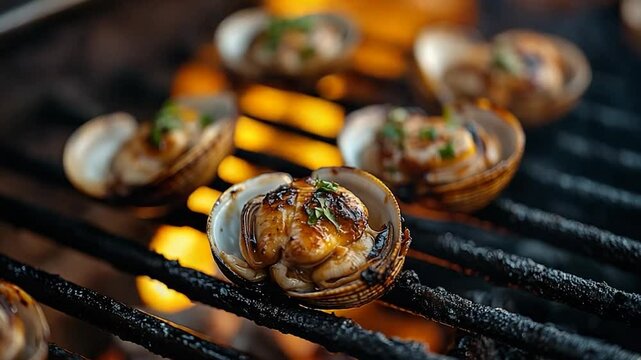 Close up shot of grilled clams on a black grill with open flames and brown shells. Selective focus on the opened clam in the center. Food photography