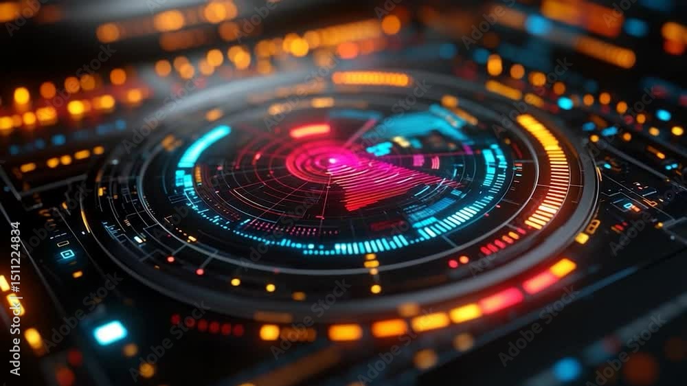 Aufkleber close-up of a futuristic digital interface featuring glowing neon rings lines and dots. a central ci