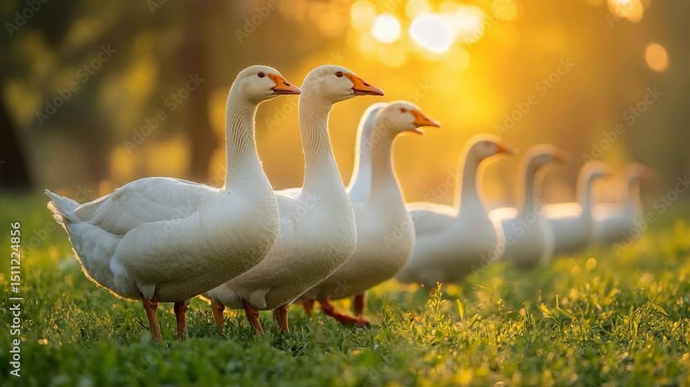 Poster group of generic animals standing on green grass bathed in warm sunlight with golden bokeh backgroun