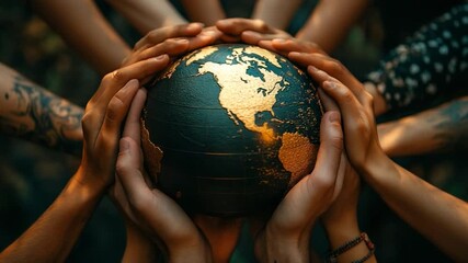 Hands encircling a globe emphasizes unity and global connection. Focus on the collaborative act and the shared representation of the earth against a blurred green backdrop.