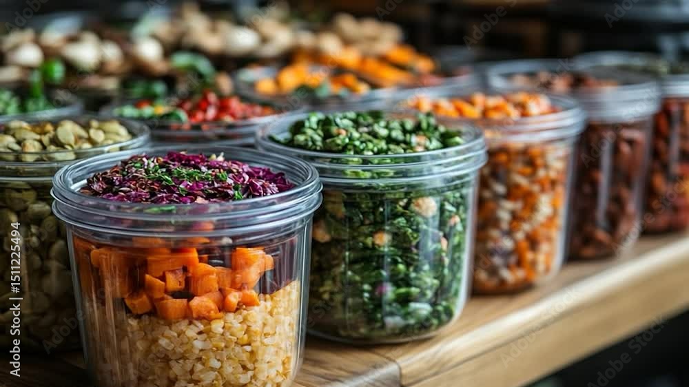 Poster close-up of various colorful ingredients in transparent jars arranged in a row. display of food item