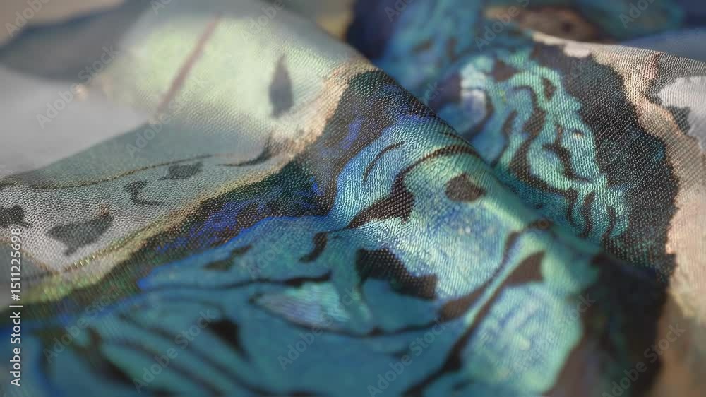 Aufkleber iridescent fabric mimicking morpho butterfly wing pattern flowing softly, generating luminous reflec