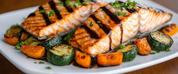 Grilled salmon fillets with balsamic glaze, served with roasted zucchini and butternut squash