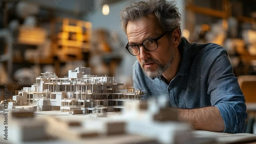 Poster architect in eyeglasses examines a model of a building project. the scene is illuminated by studio l