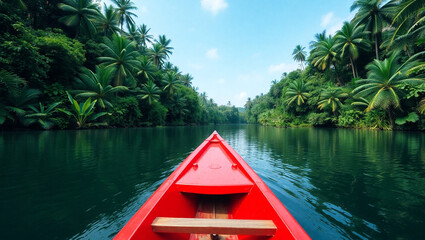 Serene Tropical River Journey Red Canoe Adventure through Lush Green Paradise