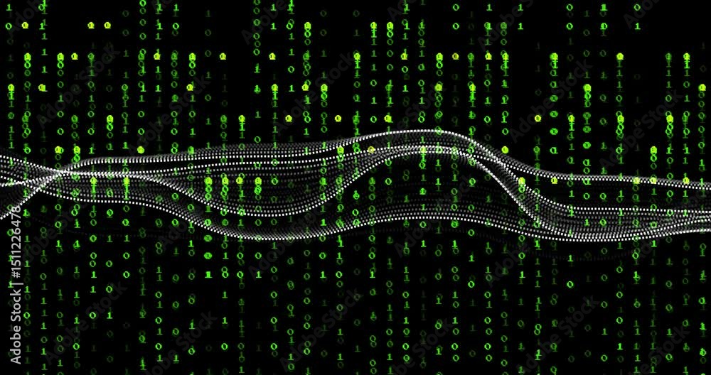 Poster as green binary digits cascading, dotted wave oscillating, splitting into strands showing data flow