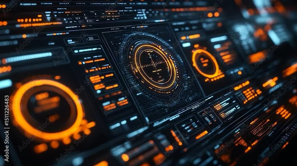 Poster detailed view of futuristic technological interface with glowing orange and blue elements, set again