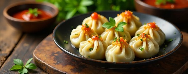 Boiled Khinkali dumplings with herbs on a wooden table, wooden table, phali, traditional